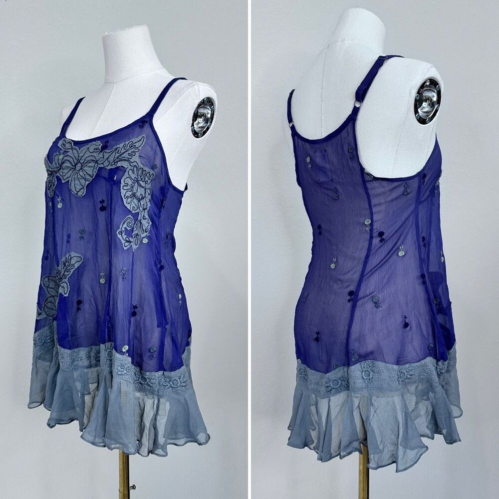 Free People Vintage Y2K Silk Embroidered Appliqué Cami Top 2 Boho Coquette Fairy - Picture 5 of 13